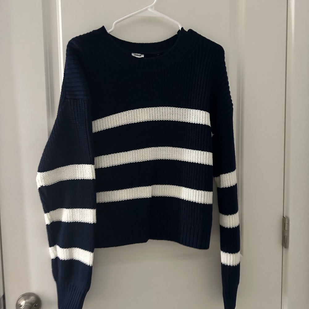 Garage Navy and White Striped Crew Neck Sweater